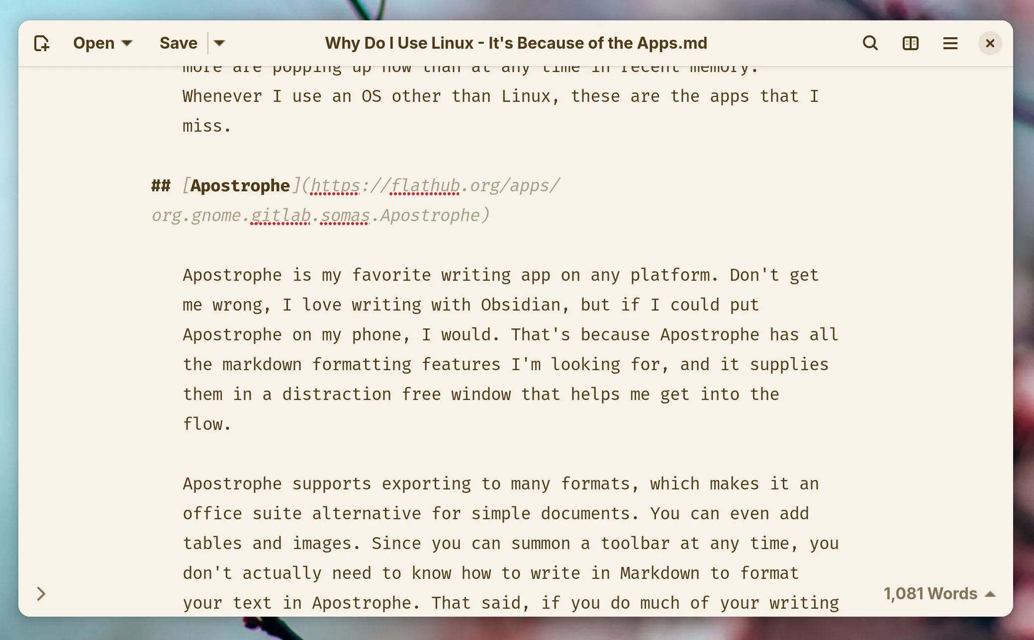 Giao diện ứng dụng soạn thảo Markdown &quot;Apostrophe&quot; trên hệ điều hành Linux với các tính năng tối giản và hiện đại