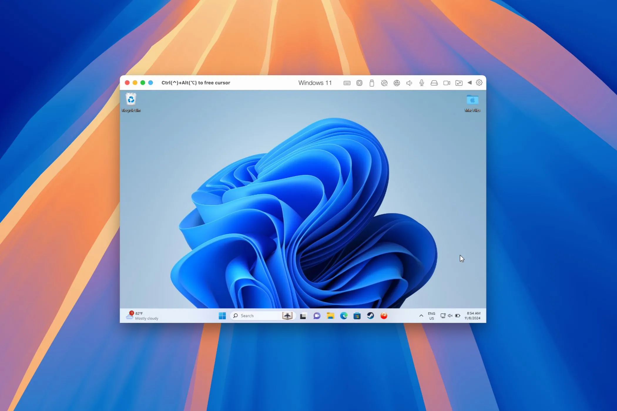 Giao diện Windows 11 đang chạy trên một chiếc máy Mac thông qua phần mềm Parallels Desktop, thể hiện khả năng tương thích và linh hoạt của macOS.