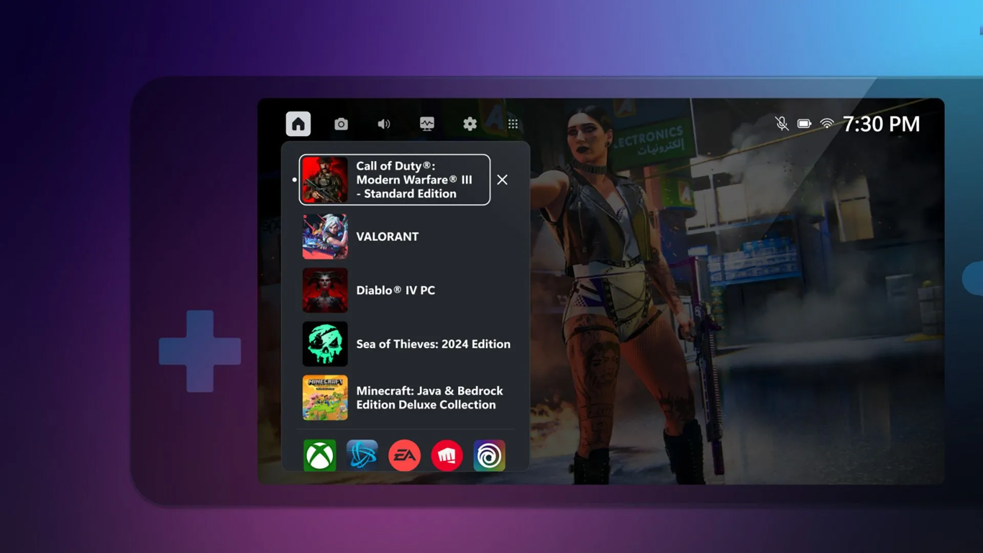 Giao diện Xbox Game Bar được cập nhật trên một thiết bị PC cầm tay, hiển thị danh sách game.