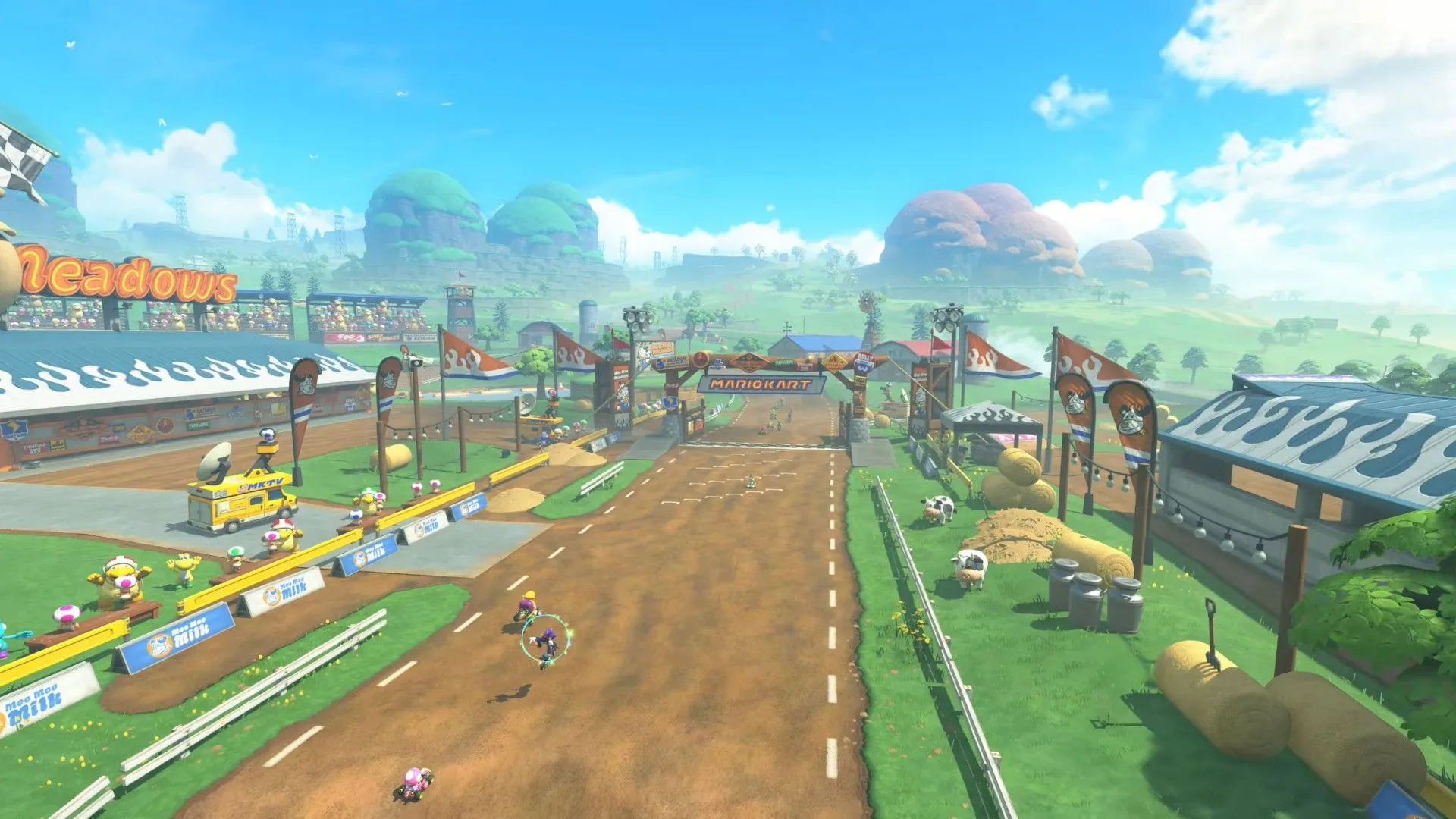 Góc nhìn từ trên cao một đường đua trong Mario Kart World, minh họa đồ họa sắc nét 4K và chi tiết môi trường sống động.