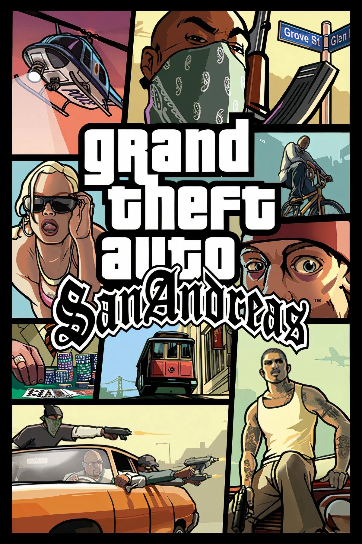 Góc nhìn từ trên cao xuống thành phố trong Grand Theft Auto: San Andreas, thể hiện sự rộng lớn và đa dạng của thế giới mở với các tòa nhà và đường phố tấp nập.