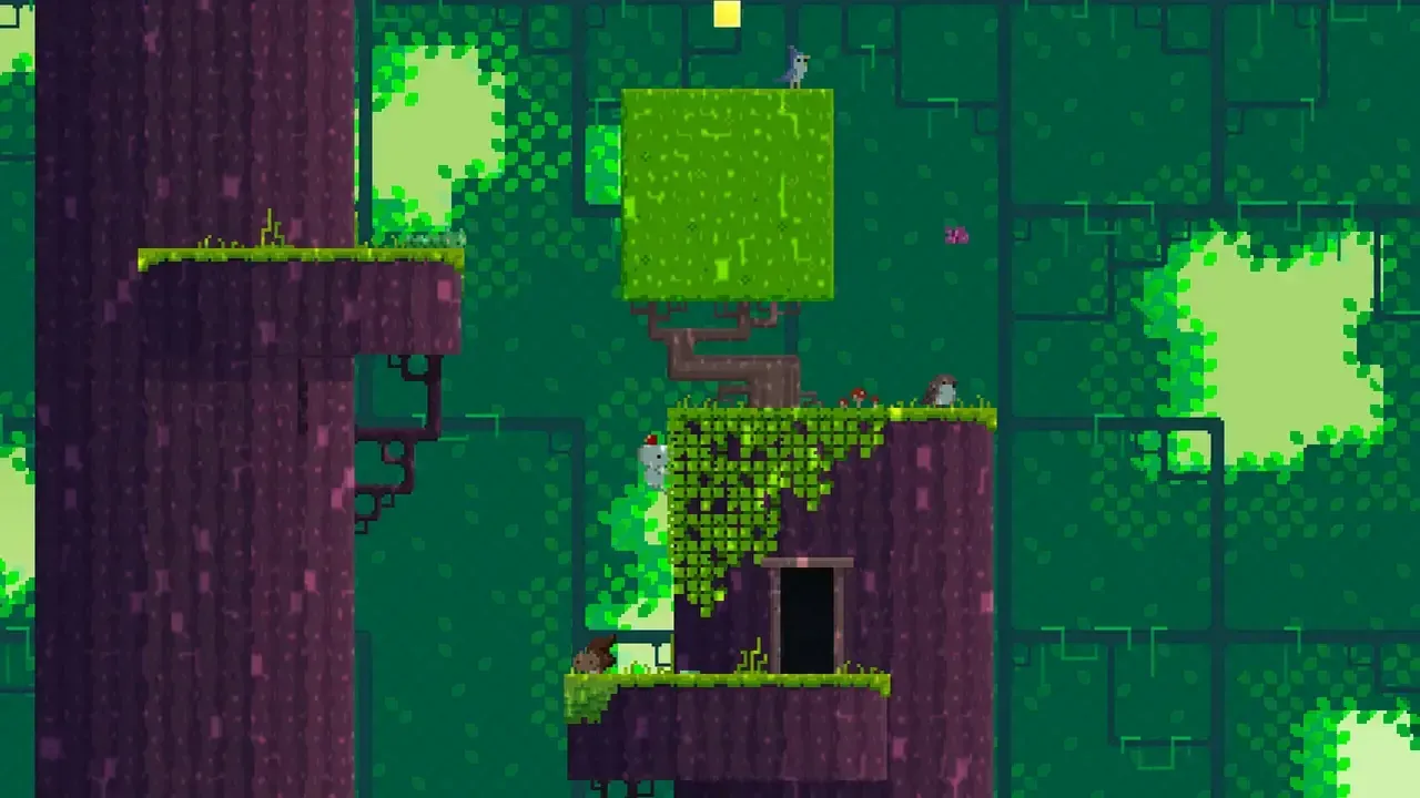 Gomez, sinh vật trắng đội mũ đỏ, bám vào tán lá xanh trên nền tảng trong Fez, game platformer với góc nhìn xoay độc đáo.