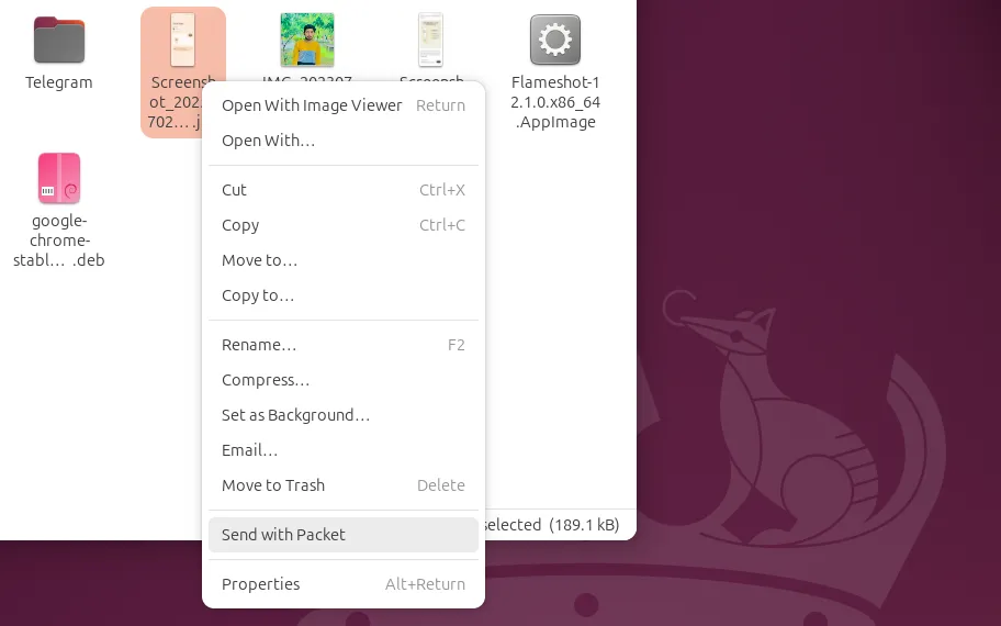 Gửi file qua tùy chọn Send With Packet trong trình quản lý file Nautilus