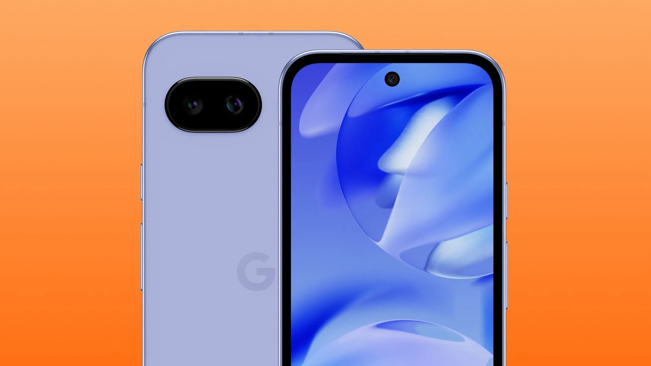 Hai chiếc điện thoại Google Pixel 9a hiển thị mặt trước và mặt sau, làm nổi bật thiết kế màn hình