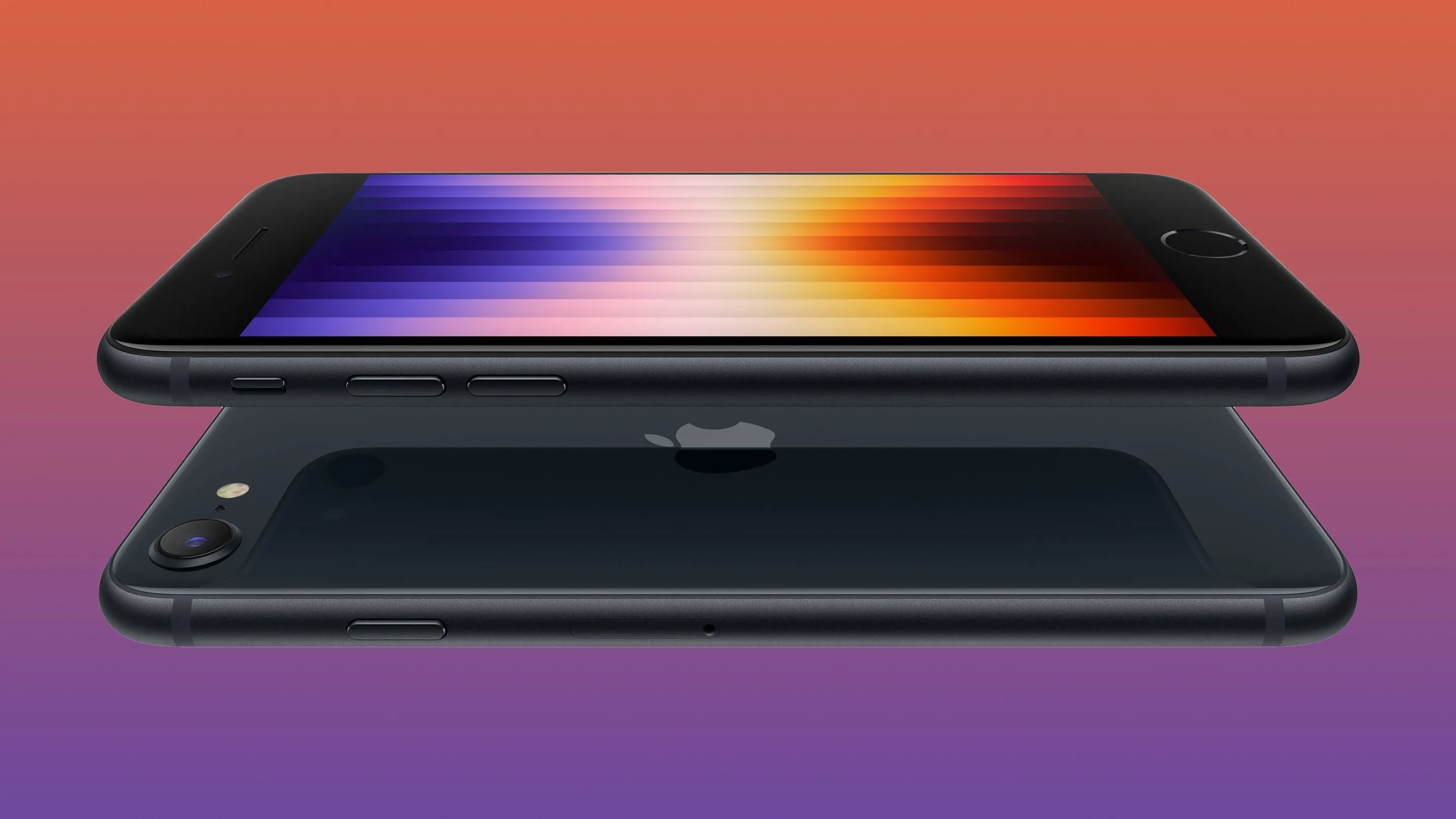 Hai chiếc iPhone SE thế hệ thứ ba (2022) với nhiều màu sắc được xếp chồng lên nhau
