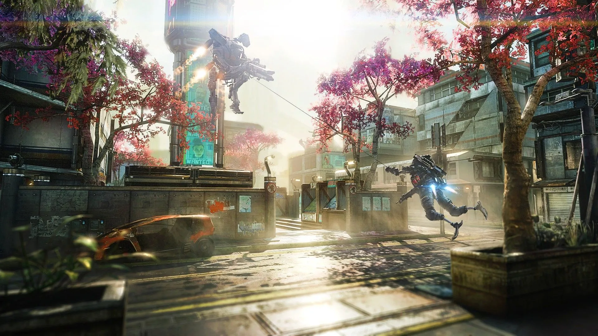 Hai người chơi Titanfall 2 bay gần nhau bằng cáp móc trong trận chiến tốc độ cao.