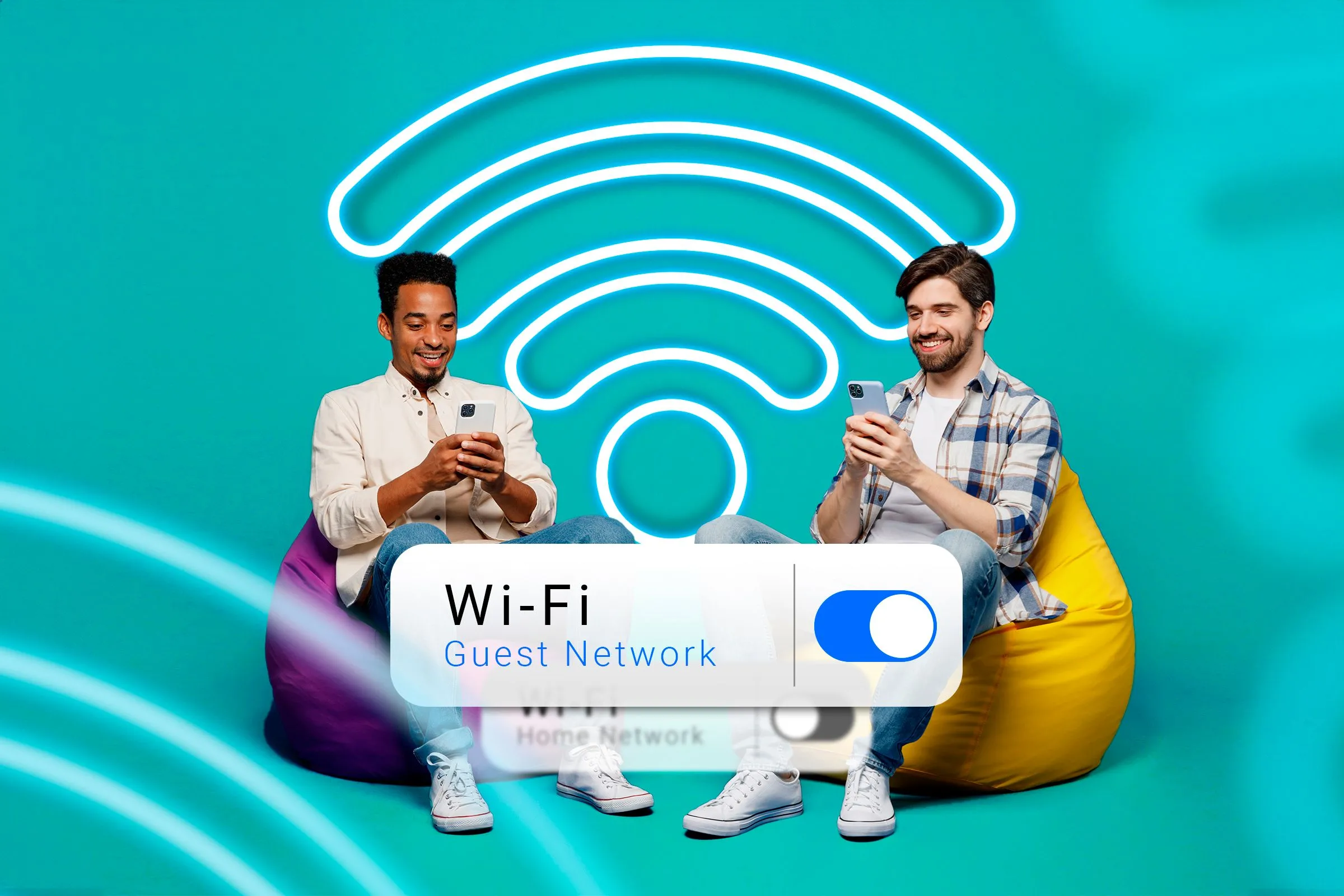 Hai người đang sử dụng điện thoại di động với biểu tượng Wi-Fi và mạng khách (Guest Wi-Fi) đã kết nối, minh họa lợi ích của việc sử dụng mạng Wi-Fi dành cho khách để tăng cường bảo mật cho mạng chính.