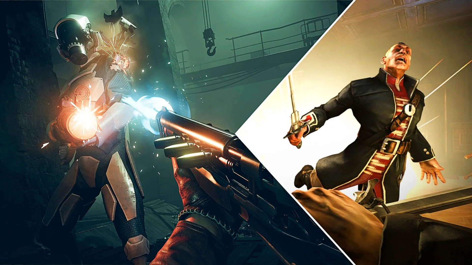 Hai nhân vật từ game Deathloop và Dishonored, đại diện cho thể loại game hành động bí mật góc nhìn thứ nhất với yếu tố steampunk