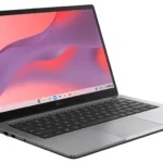 Hình ảnh ASUS Chromebook CX14 màu xám khói nhìn từ góc bên, minh họa thiết kế mỏng gọn.