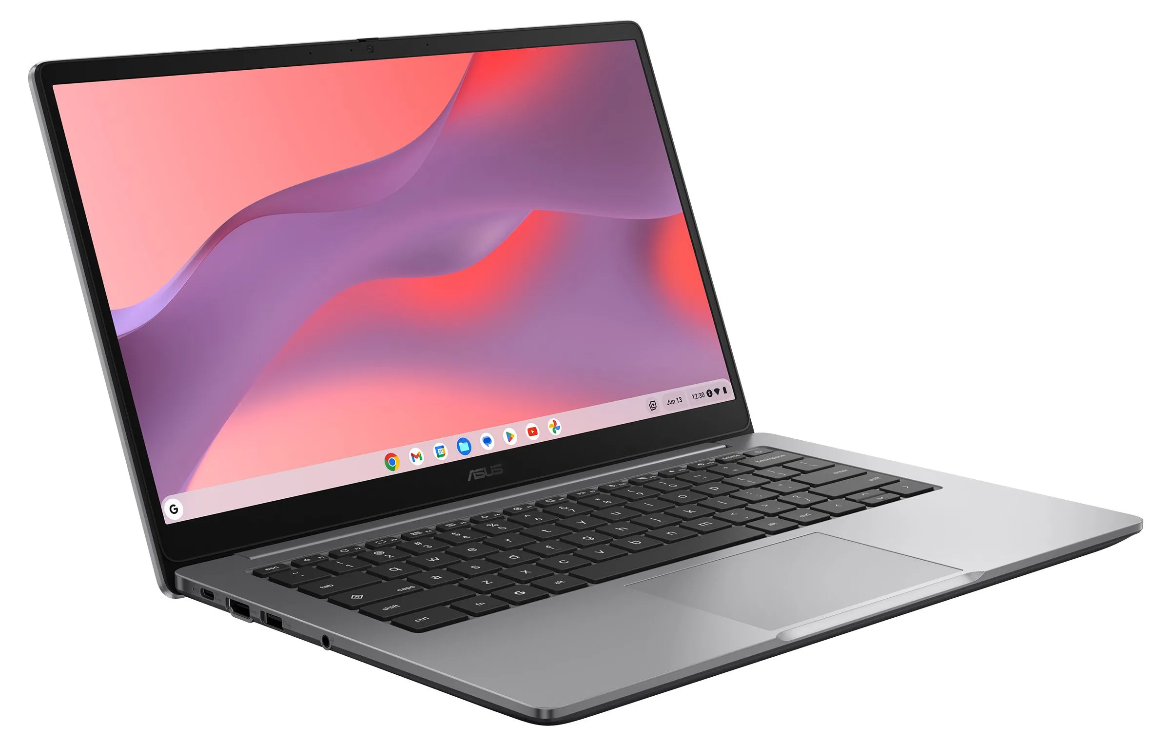 Hình ảnh ASUS Chromebook CX14 màu xám khói nhìn từ góc bên, minh họa thiết kế mỏng gọn.