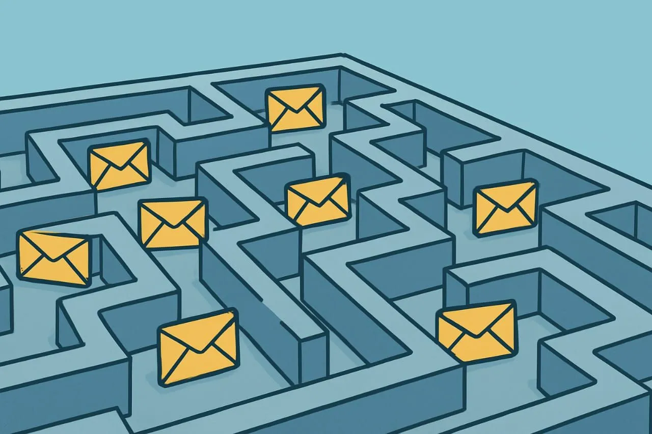 Hình ảnh các phong bì email bị lạc trong mê cung, tượng trưng cho sự khó khăn trong việc theo dõi thư điện tử.