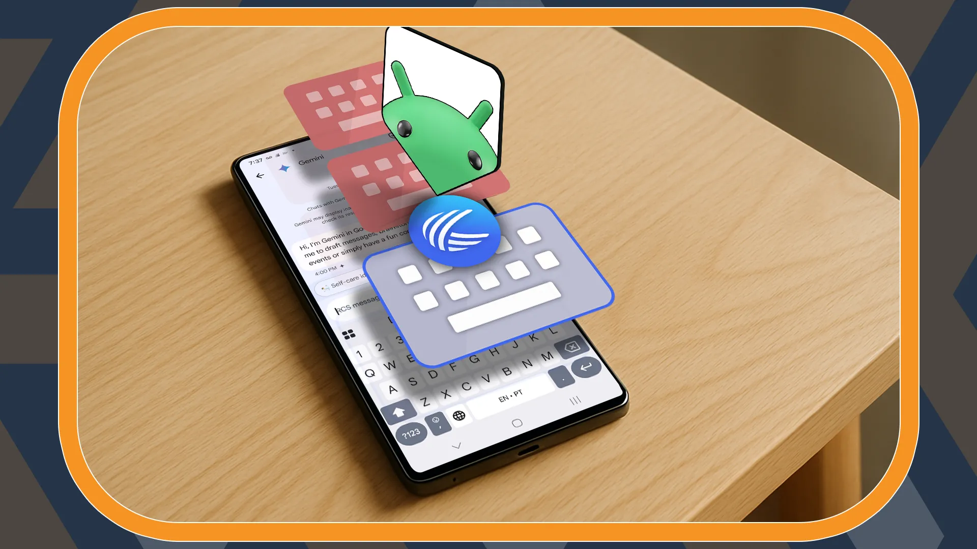 Hình ảnh điện thoại thông minh Android với biểu tượng Android và nhiều icon bàn phím nổi trên màn hình, minh họa việc cấp quyền ứng dụng.