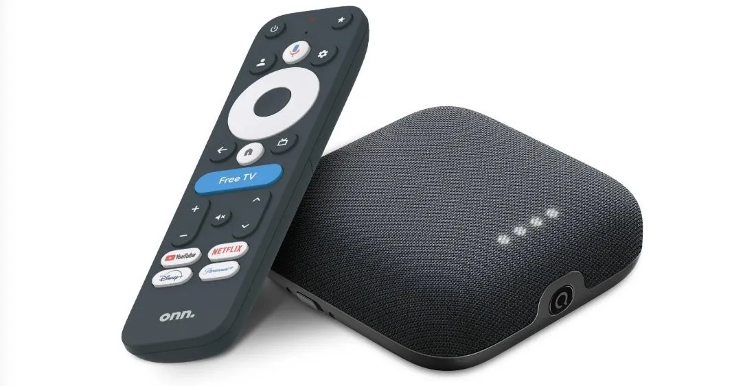 Hình ảnh điều khiển Google TV của Walmart Onn 4K Pro với nút Free TV nổi bật