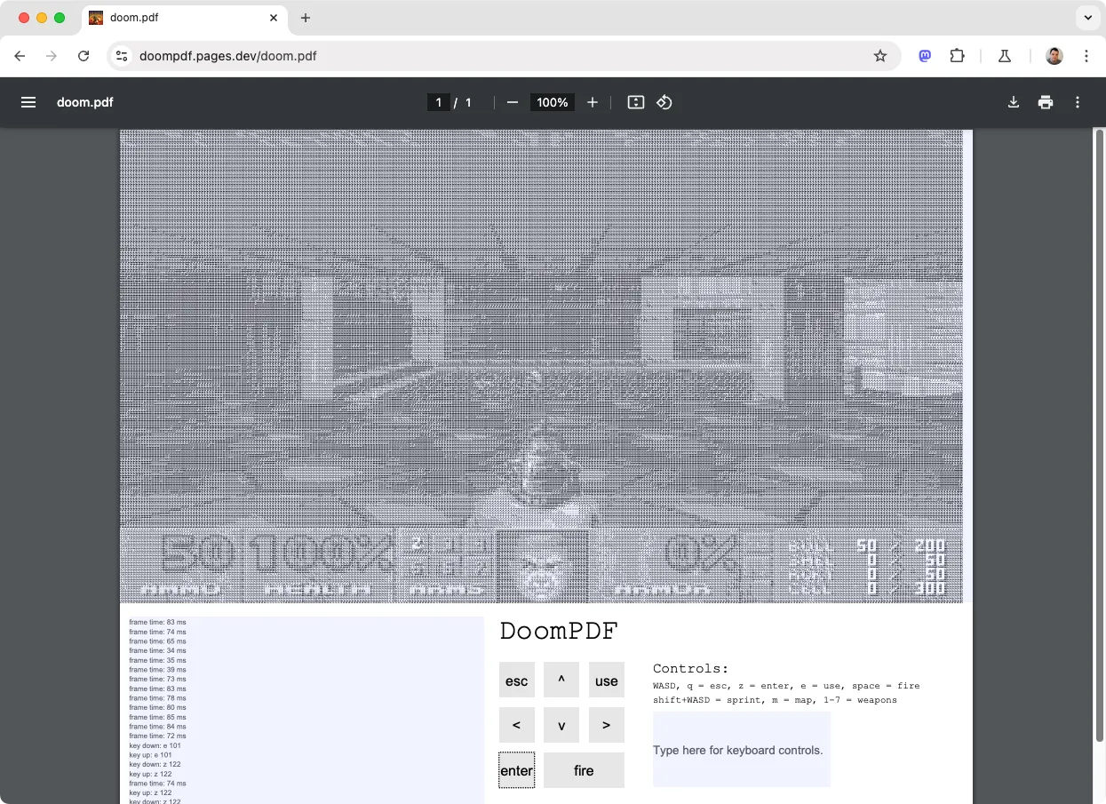 Hình ảnh game DOOM với đồ họa ASCII đang hiển thị bên trong một file PDF mở trên trình duyệt Google Chrome, minh họa khả năng chạy game phức tạp.