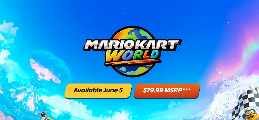 Hình ảnh giới thiệu Mario Kart World cho Nintendo Switch 2 với thông tin phát hành và giá