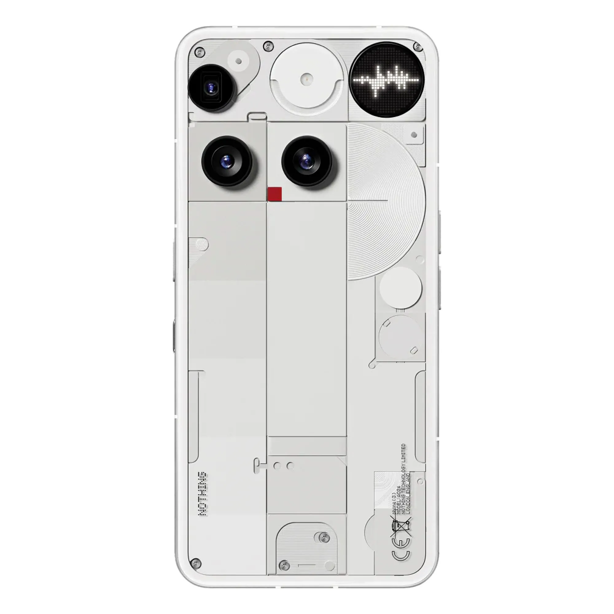 Hình ảnh mặt lưng trong suốt của Nothing Phone 3 bị tháo rời trong quá trình teardown của iFixit, cho thấy các linh kiện bên trong và thiết kế độc đáo của máy.