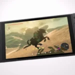 Hình ảnh máy chơi game Nintendo Switch 2 với màn hình lớn hơn đang hiển thị trò chơi The Legend of Zelda, minh họa kích thước và trải nghiệm hình ảnh cải tiến.