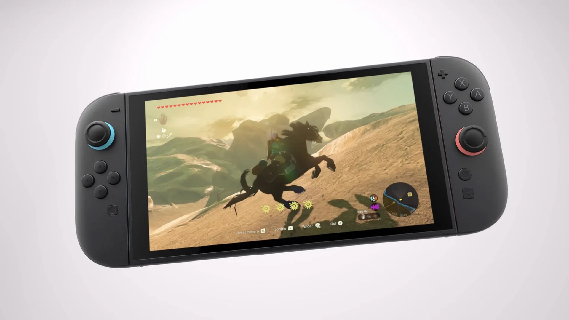 Hình ảnh máy chơi game Nintendo Switch 2 với màn hình lớn hơn đang hiển thị trò chơi The Legend of Zelda, minh họa kích thước và trải nghiệm hình ảnh cải tiến.