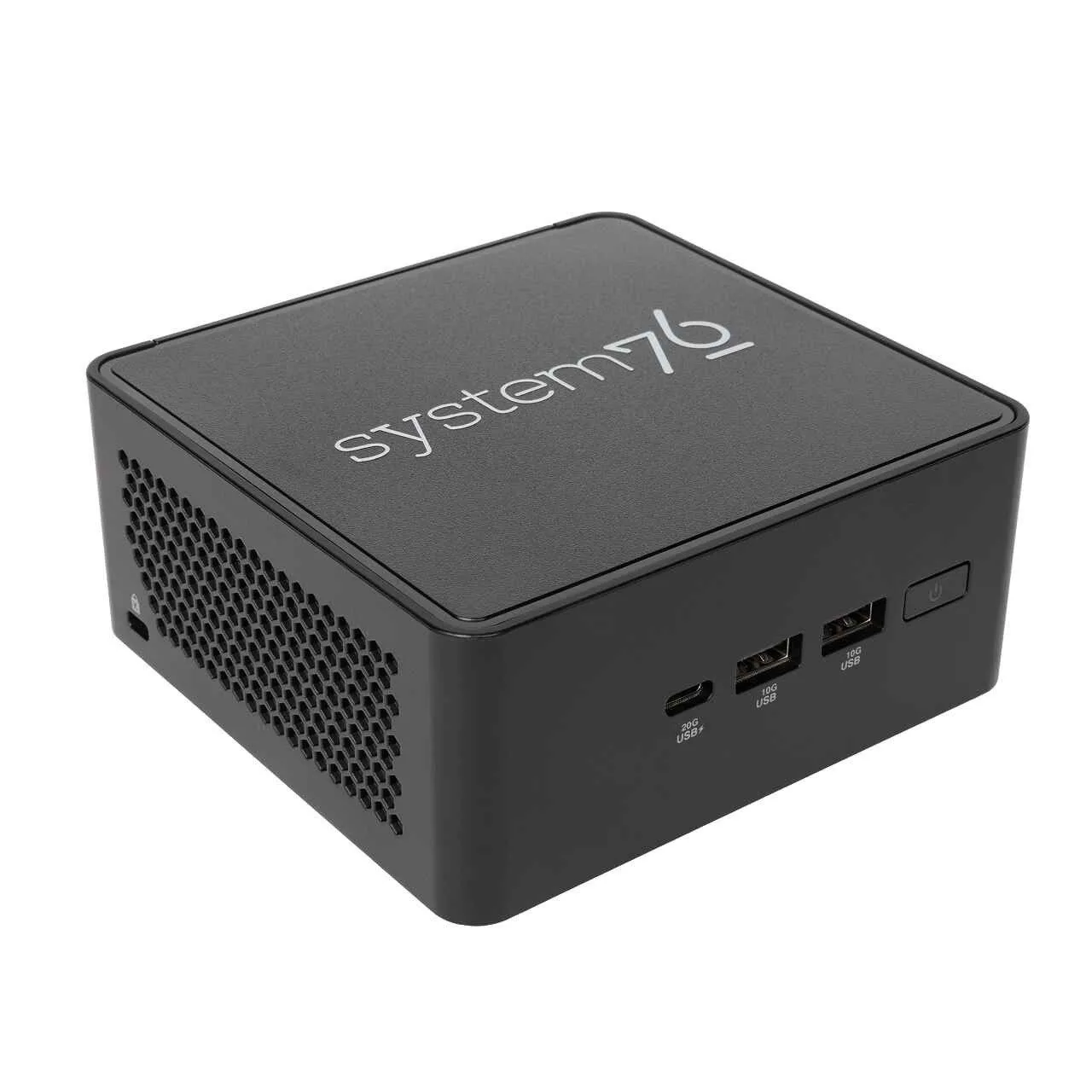 Hình ảnh máy tính mini System76 Meerkat phiên bản cập nhật giữa năm 2025, với thiết kế nhỏ gọn và logo System76.