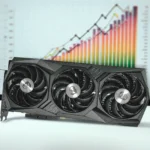 Hình ảnh minh họa card đồ họa GPU và biểu đồ hiệu năng benchmark
