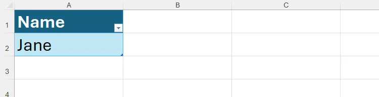 Hình ảnh minh họa hai ô đầu tiên của bảng Excel, một ô chứa tiêu đề cột 'Name' (Tên) và ô còn lại là dữ liệu 'Jane', thể hiện cấu trúc ban đầu của bảng.