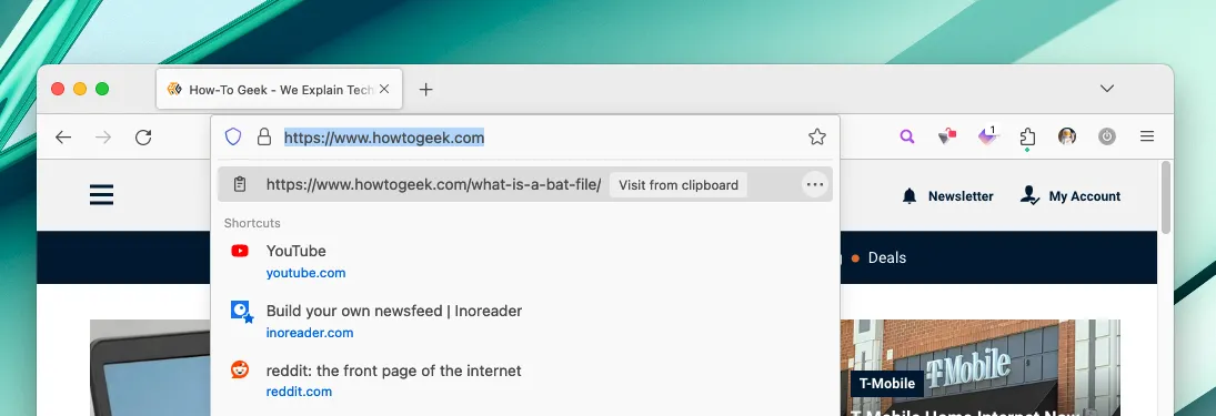 Hình ảnh minh họa tính năng gợi ý dán URL tự động của Firefox 125 trong thanh địa chỉ, giúp người dùng truy cập nhanh chóng các liên kết đã sao chép.