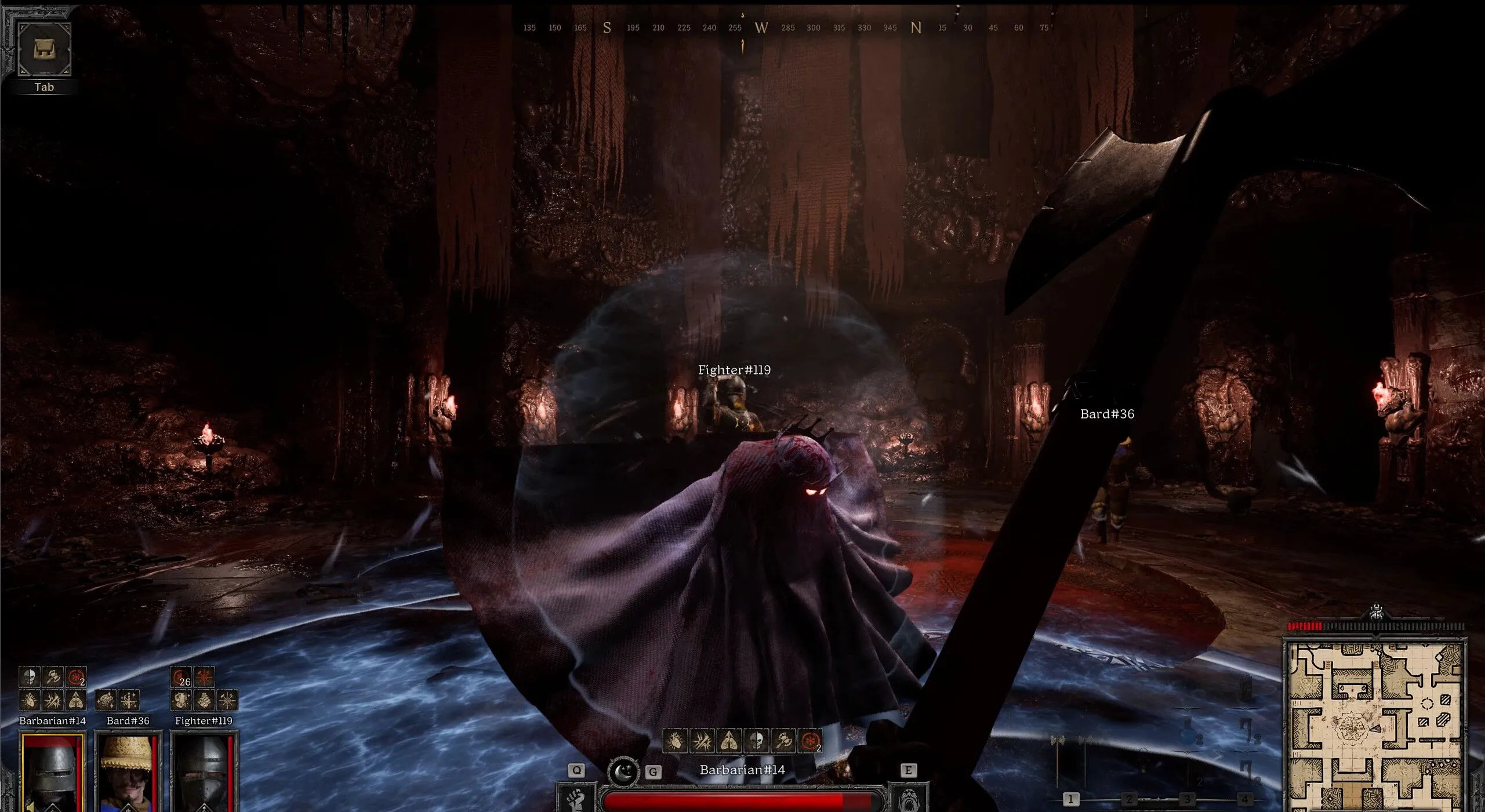 Hình ảnh một đội ba người chơi đang chiến đấu với boss trong game nhập vai hành động Dark and Darker, thể hiện lối chơi khám phá hầm ngục.
