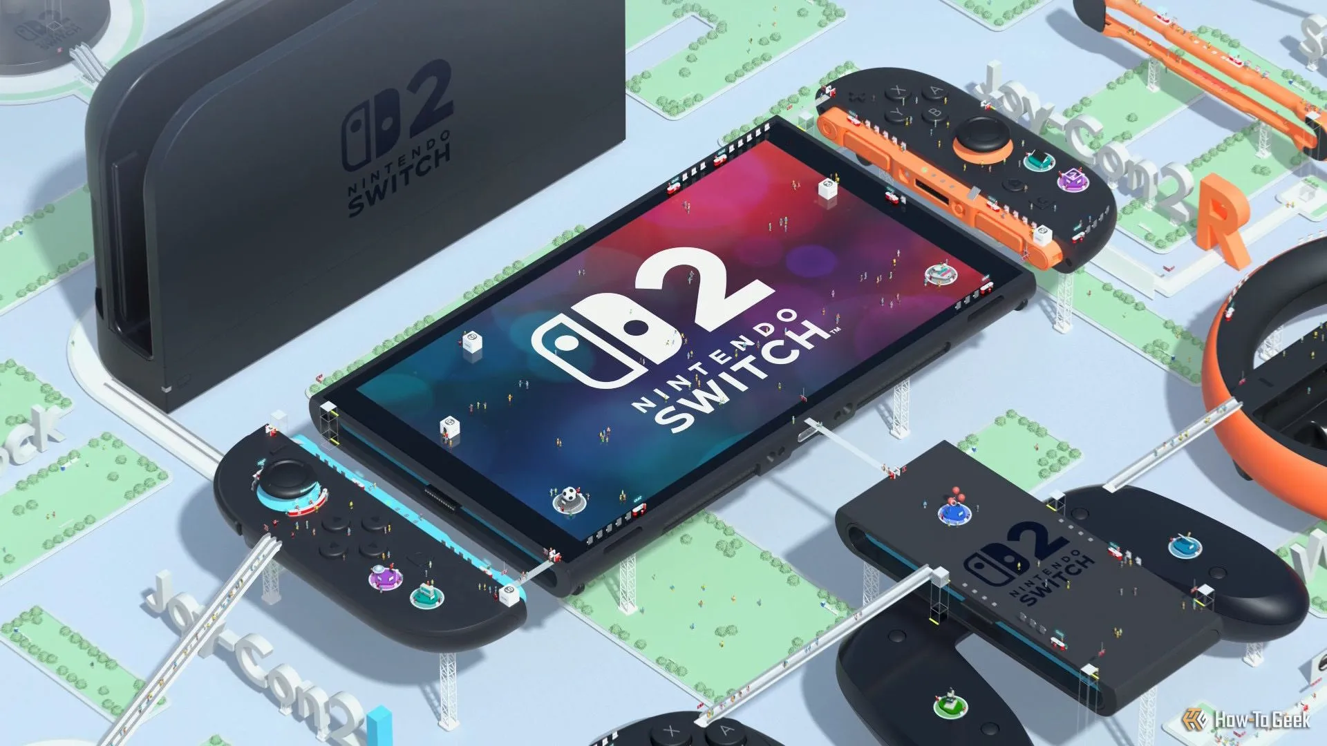 Hình ảnh Nintendo Switch 2, dock và phụ kiện, minh họa tích hợp với ứng dụng di động để quản lý ảnh chụp màn hình.