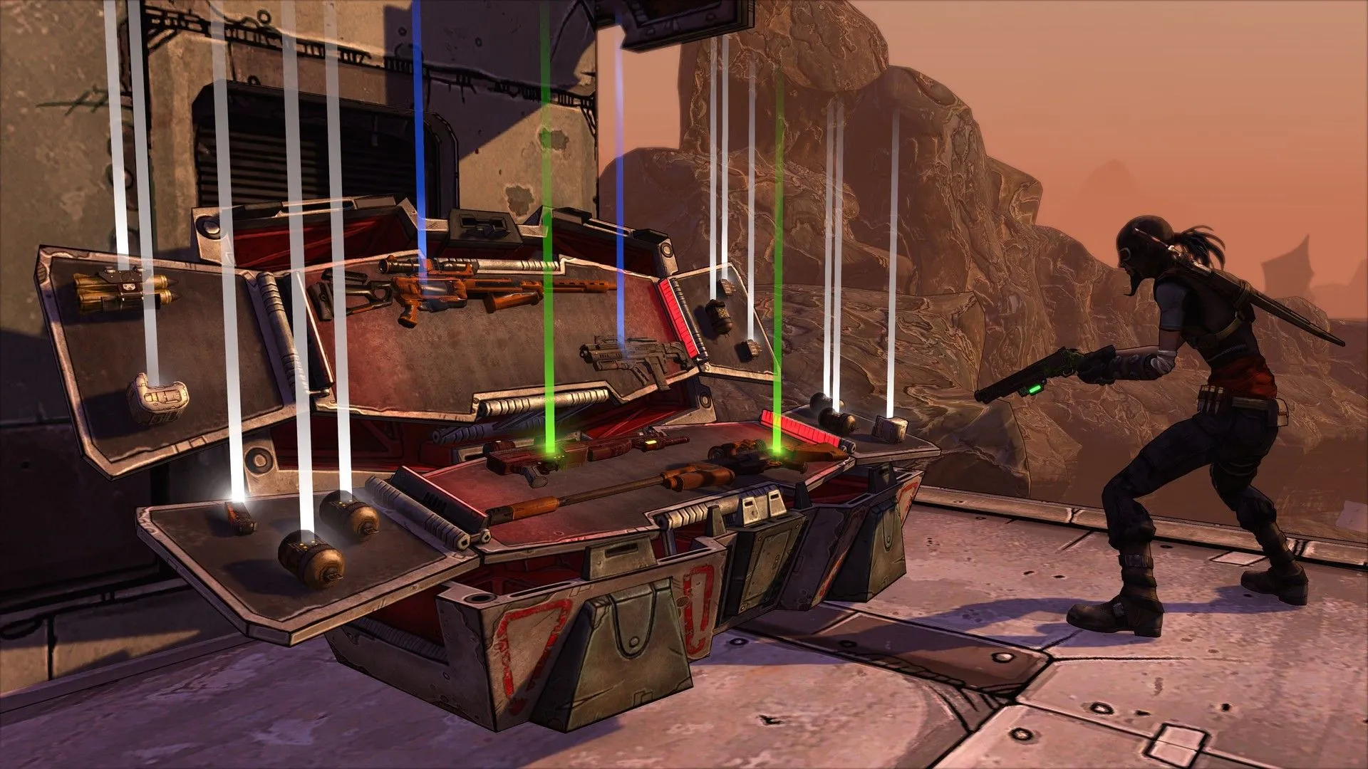 Hình ảnh screenshot chính thức từ Borderlands 1 Enhanced Edition, minh họa phong cách đồ họa cel-shaded độc đáo và cảnh chiến đấu đặc trưng của game.