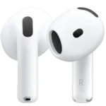 Hình ảnh tai nghe Apple AirPods 4 và hộp sạc, thể hiện thiết kế mới và thương hiệu.