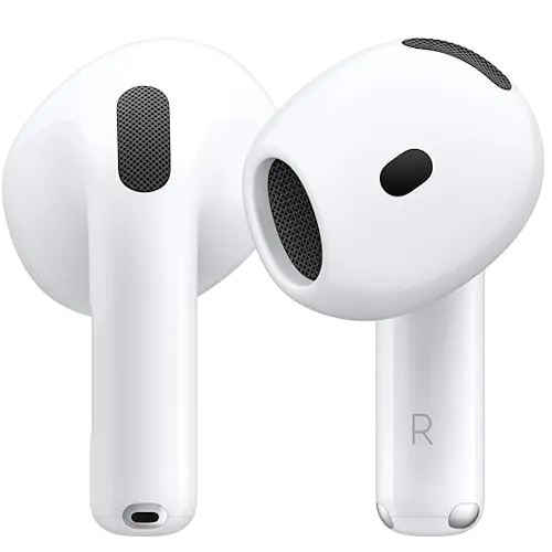 Hình ảnh tai nghe Apple AirPods 4 và hộp sạc, thể hiện thiết kế mới và thương hiệu.