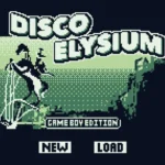 Hình ảnh tựa game Disco Elysium phiên bản demake theo phong cách Game Boy cổ điển, minh họa giới hạn đồ họa monochrome.