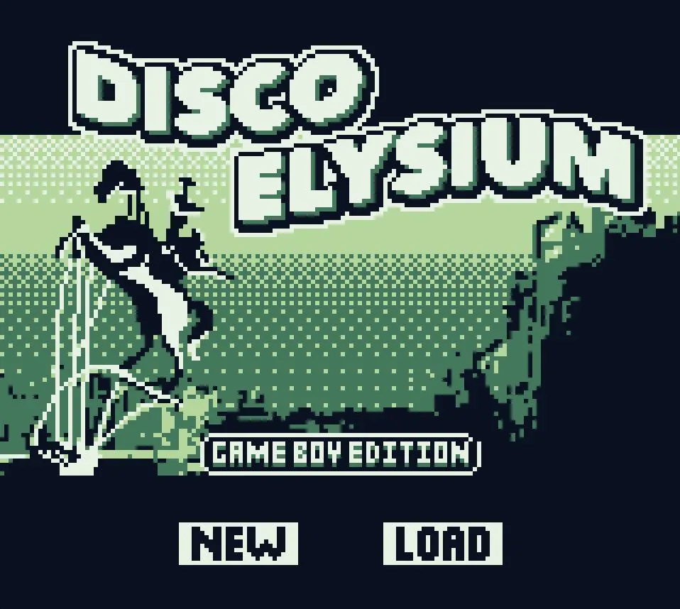 Hình ảnh tựa game Disco Elysium phiên bản demake theo phong cách Game Boy cổ điển, minh họa giới hạn đồ họa monochrome.