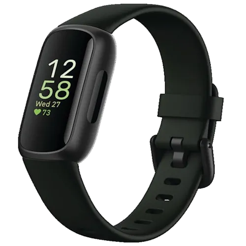 Hình ảnh vòng đeo tay thông minh Fitbit Inspire 3 màu đen đang hiển thị dữ liệu theo dõi sức khỏe trên màn hình màu.