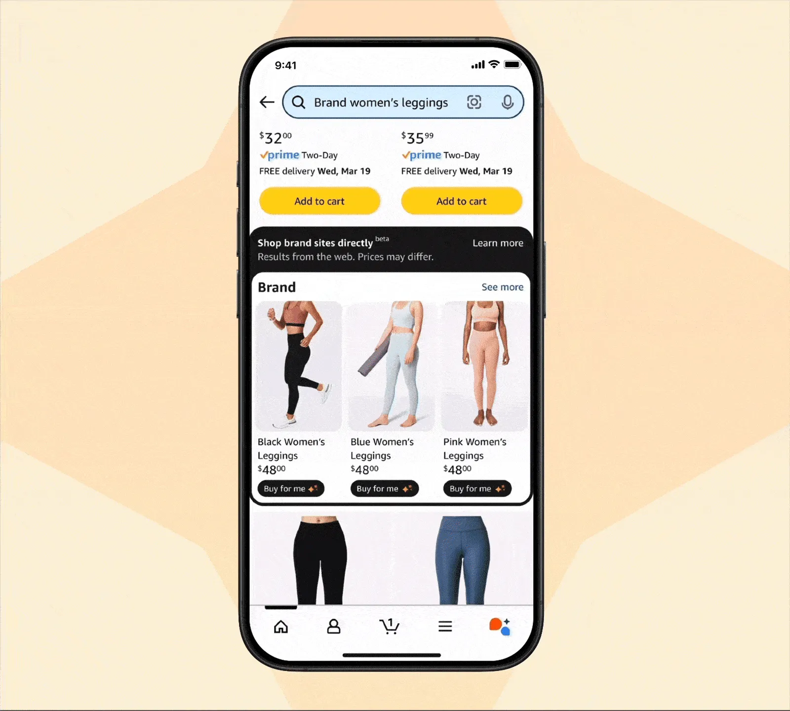 Hoạt ảnh minh họa cách tính năng Amazon Buy for Me sử dụng AI để tự động mua hàng từ website thương hiệu bên ngoài.
