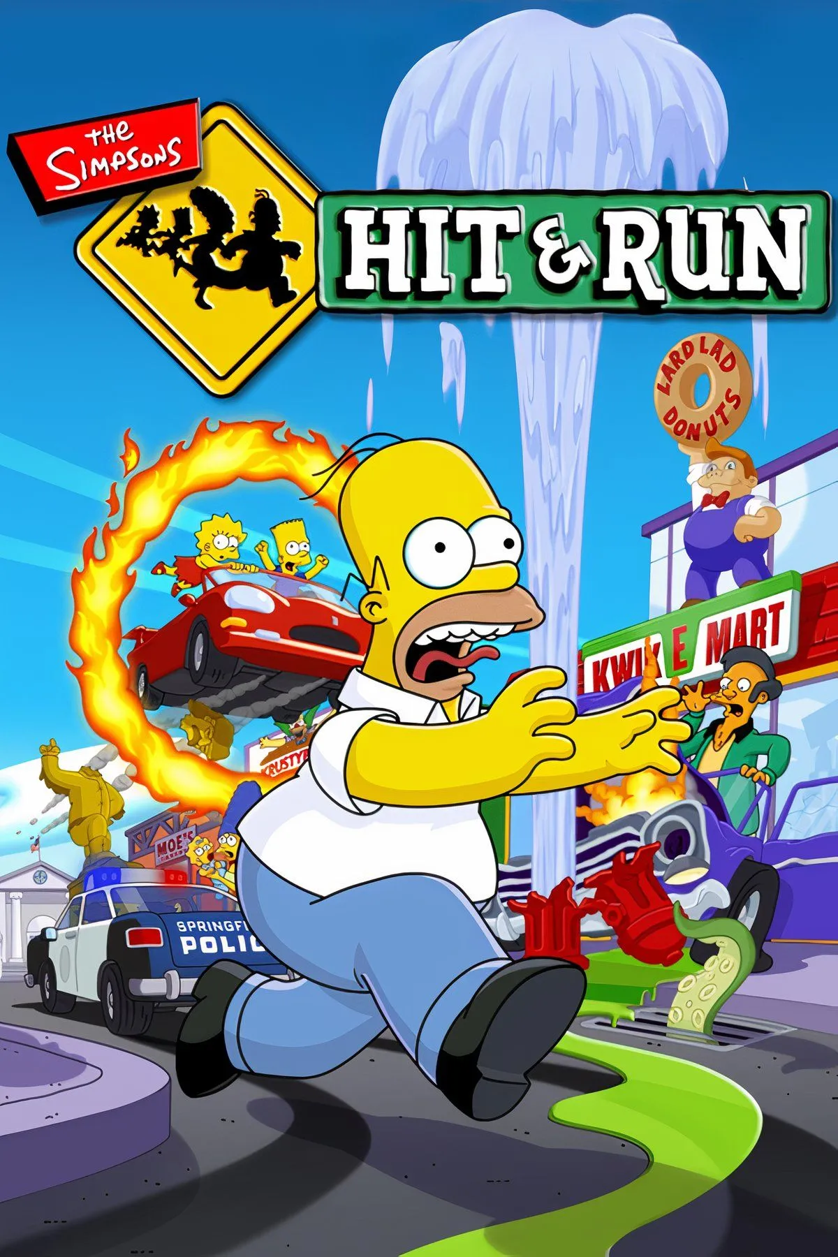 Homer Simpson lái chiếc xe màu hồng quen thuộc qua khu phố Springfield trong The Simpsons Hit &amp; Run