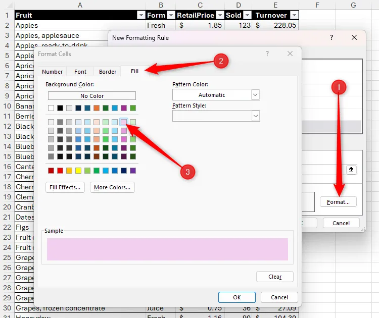 Hộp thoại 'Format Cells' (Định dạng Ô) của Conditional Formatting, hiển thị màu nền tím nhạt được chọn để áp dụng khi điều kiện định dạng được đáp ứng.