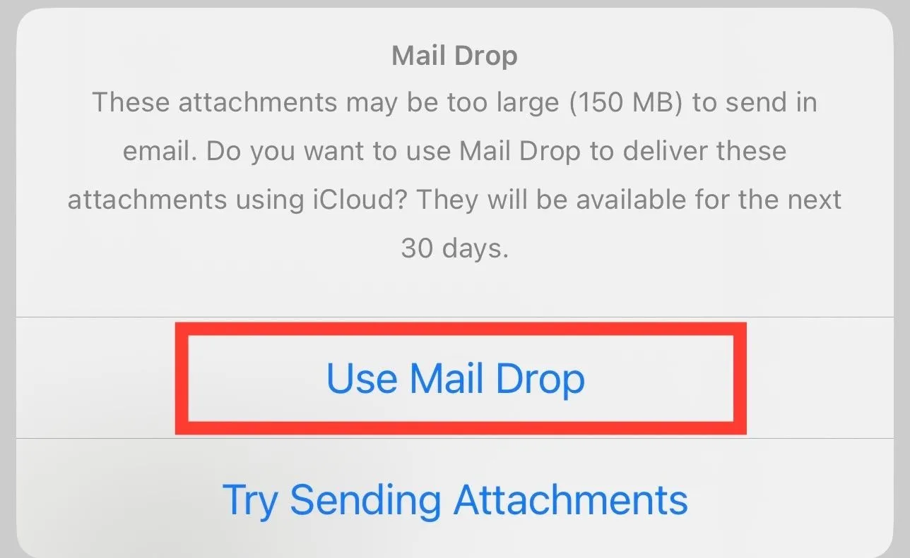 Hộp thoại hỏi người dùng có muốn sử dụng Mail Drop để gửi tệp đính kèm dung lượng lớn không.