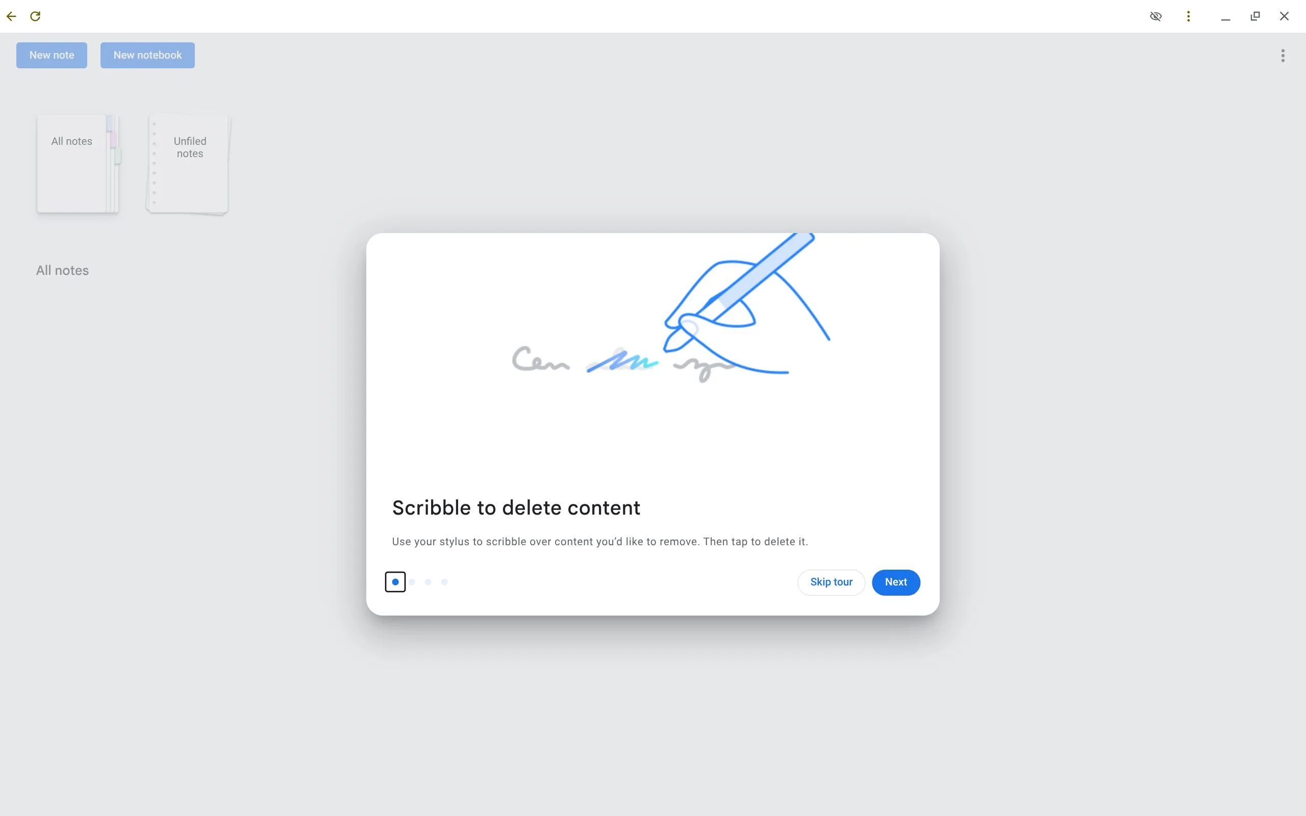 Hộp thoại minh họa cử chỉ xóa bằng cách gạch ngang chữ trong ứng dụng Cursive trên Chromebook, giúp chỉnh sửa ghi chú nhanh chóng.
