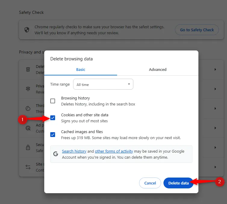 Hộp thoại xóa dữ liệu duyệt web trên Chrome, hiển thị tùy chọn 'Cookie và dữ liệu trang web khác' để người dùng lựa chọn xóa.