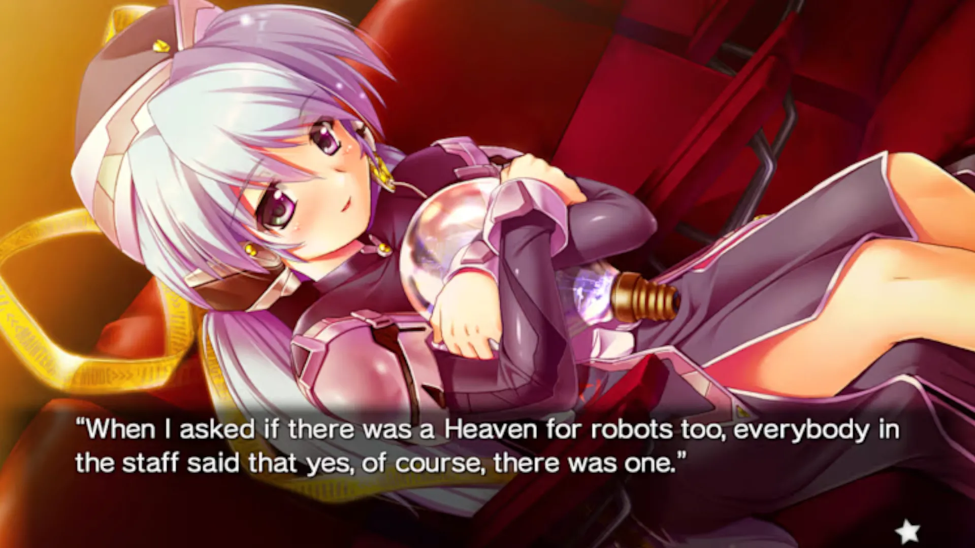 Hoshino Yumemi, robot nhân vật chính trong Planetarian: The Reverie of a Little Planet, đang ôm bóng đèn và nói về &quot;thiên đường cho robot&quot;, mang đến cảm giác vừa đáng yêu vừa bi thương.