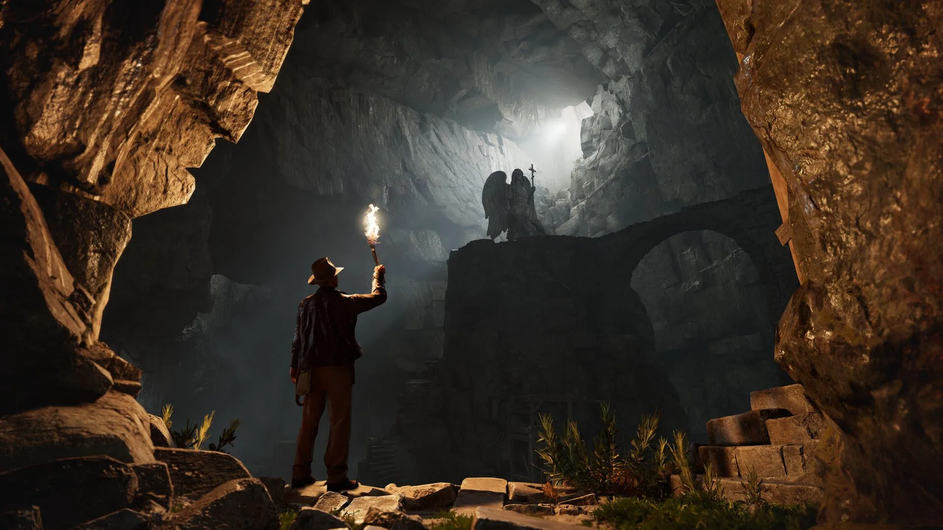 Indiana Jones khám phá ngôi đền cổ, chiêm ngưỡng bức tượng trong DLC The Order of Giants của Great Circle.
