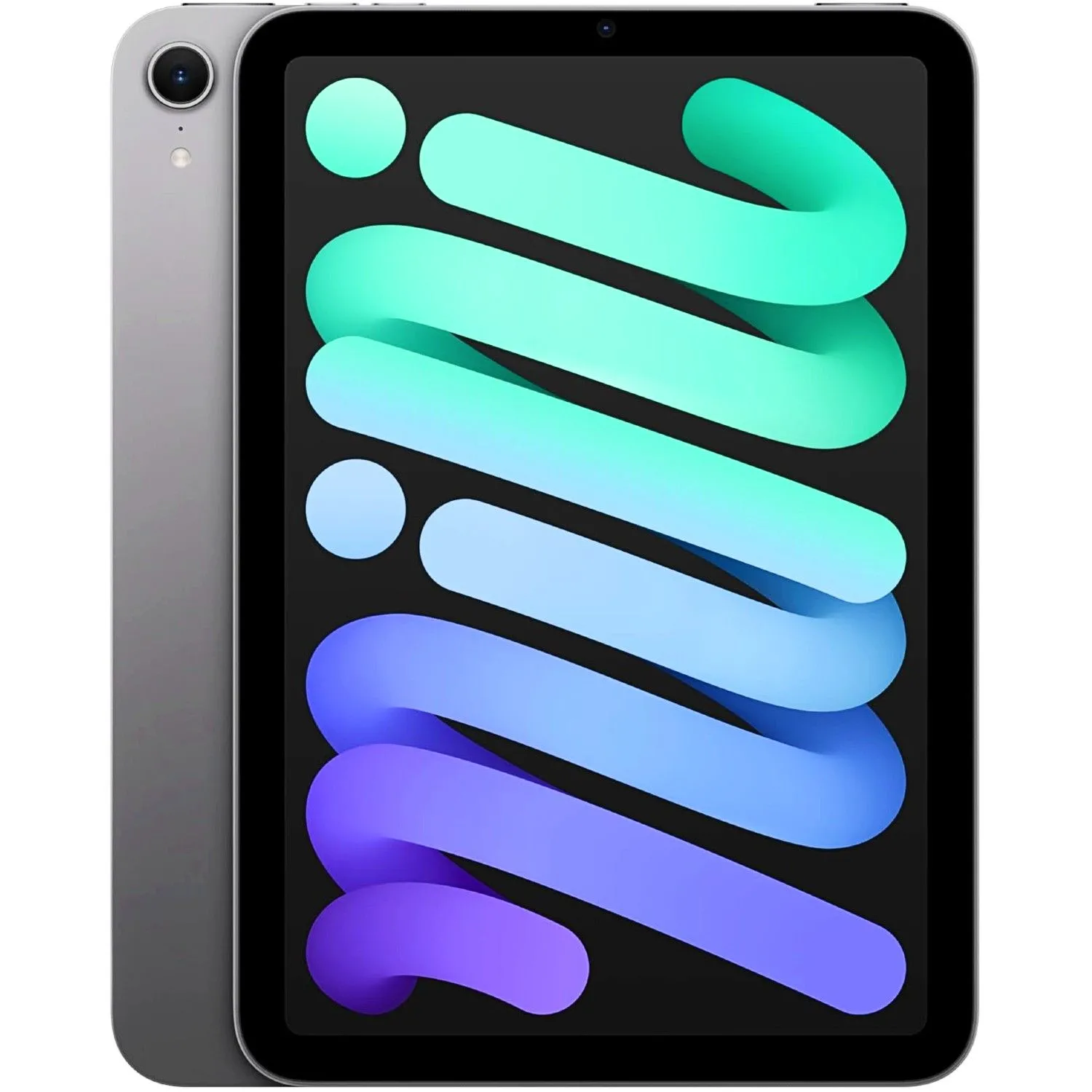 iPad Mini A17 Pro màu xám không gian đặt trên nền trắng, nổi bật thiết kế nhỏ gọn và màn hình Liquid Retina.