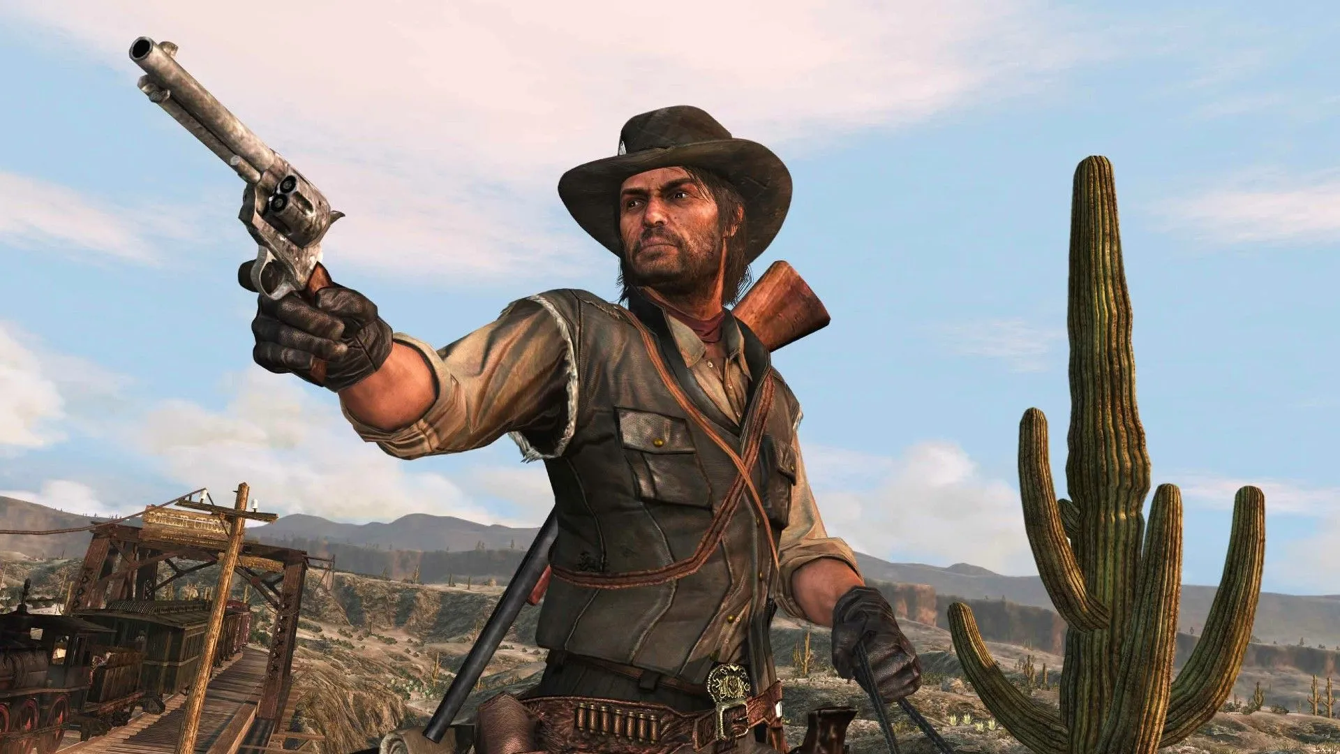 John Marston nhắm vũ khí sang trái trong Red Dead Redemption, thể hiện sự quyết tâm đối mặt với số phận để bảo vệ gia đình.