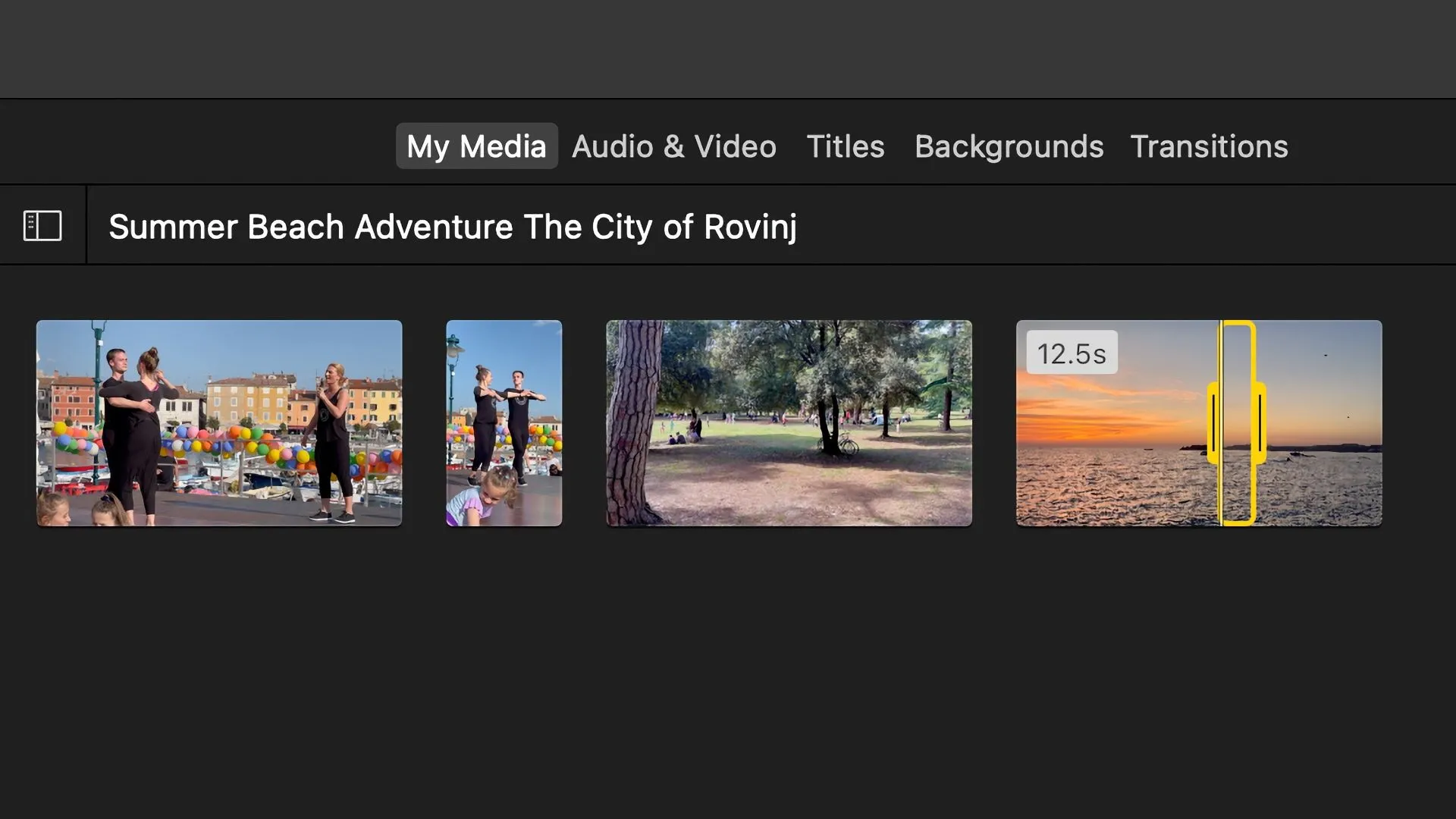 Kéo để chọn phạm vi video tùy chỉnh trong iMovie cho Mac.