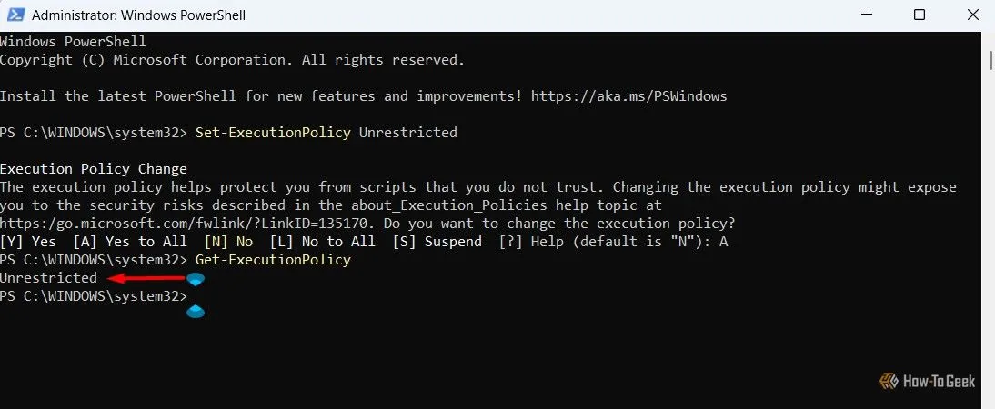 Kết quả &quot;Unrestricted&quot; trong PowerShell xác nhận chính sách thực thi đã được thay đổi thành công.