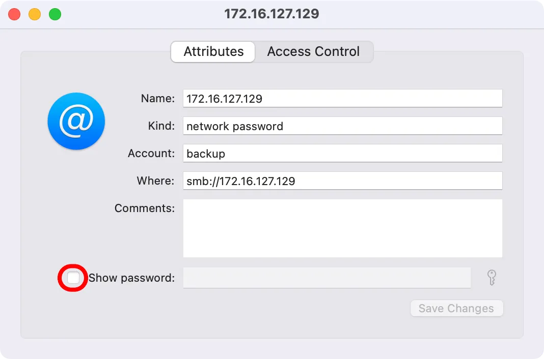 Keychain Access macOS hiển thị thông tin chi tiết về mật khẩu mạng đã lưu, với ô &quot;Show Password&quot; được đánh dấu.