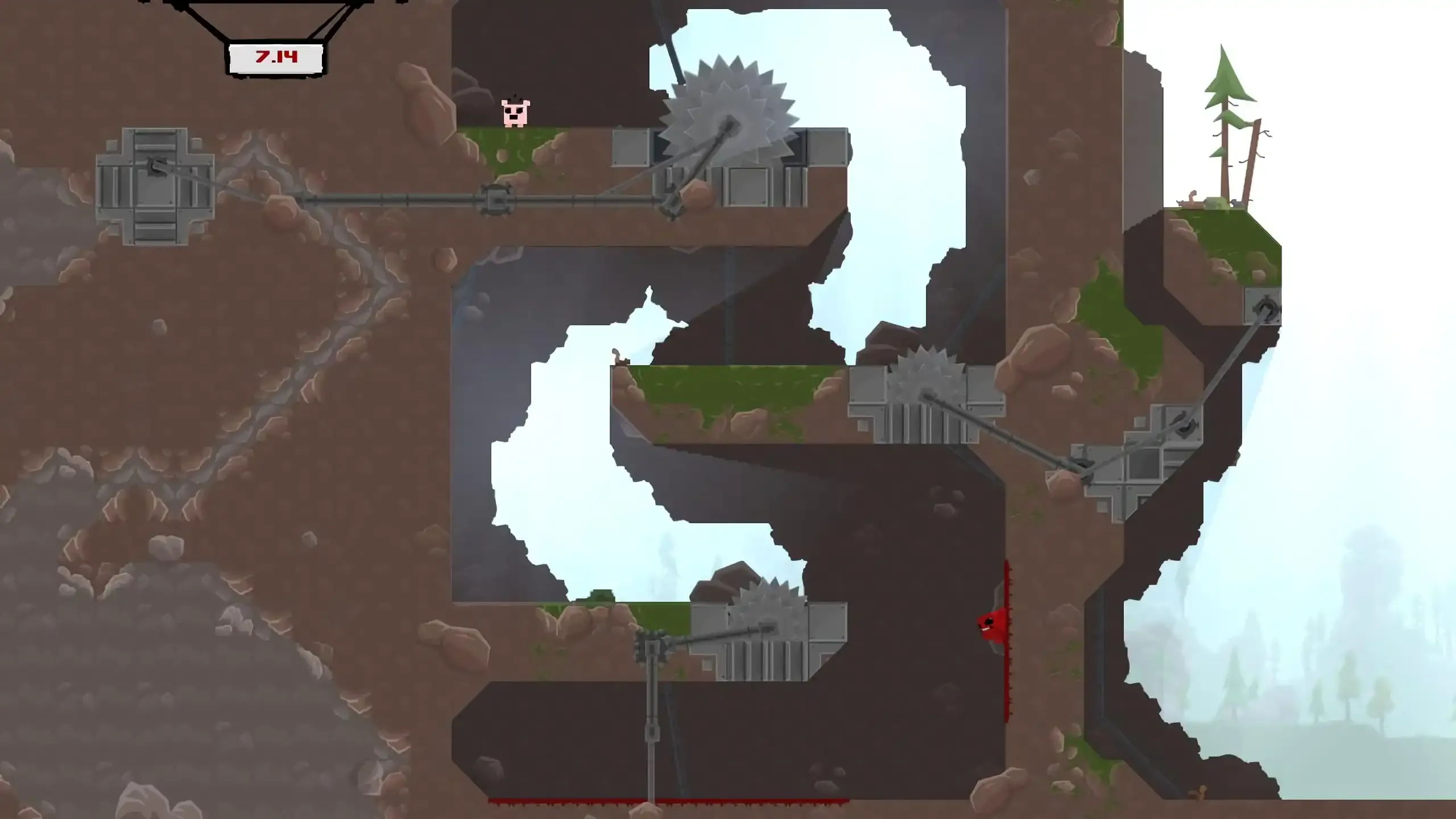 Khối thịt đỏ Super Meat Boy trượt trên tường né tránh hàng loạt lưỡi cưa sắc nhọn, minh họa độ khó kinh điển của game.