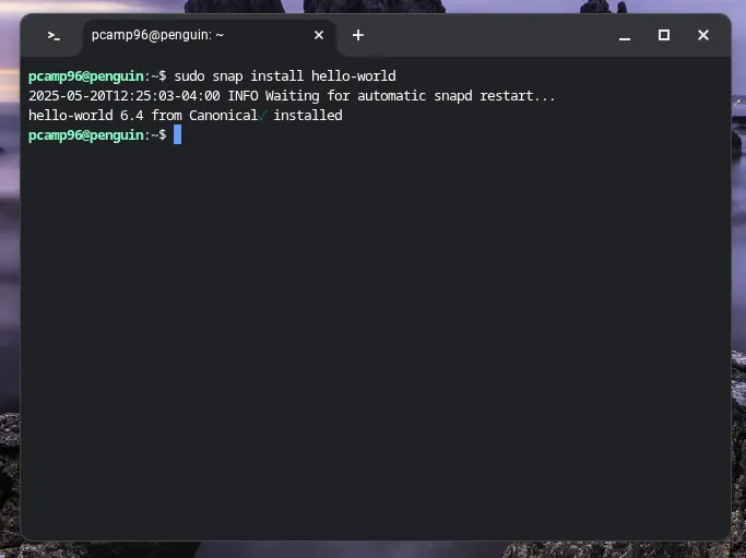 Kiểm tra gói &quot;hello-world&quot; của Snap để xác minh cài đặt thành công trên Linux của Chromebook.