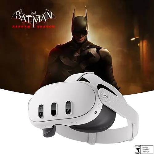 Kính thực tế ảo Meta Quest 3 và bộ điều khiển trên nền tối, minh họa thiết bị chơi game VR.